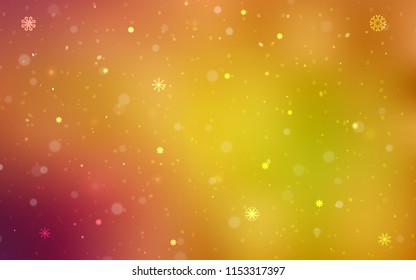Light Red, Yellow vector template with ice snowflakes. Blurred decorative design in xmas style with snow. New year design for your ad, poster, banner.