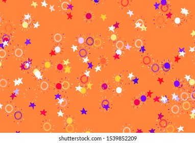 Light Red, Yellow vector template with doodle stars, suns. Shining colored illustration with stars, suns. Template for cosmic backgrounds.