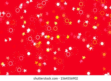 Light Red, Yellow vector template with doodle stars, suns. Stars, suns on blurred abstract background with gradient. Smart design for your business advert.