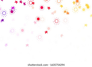 Light Red, Yellow vector template with doodle stars, suns. Shining colored illustration with stars, suns. Template for cosmic backgrounds.