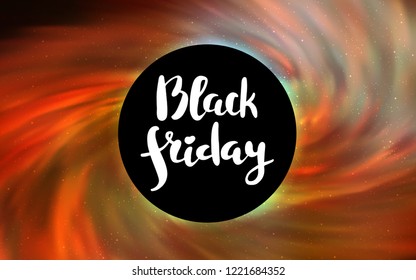 Light Red, Yellow vector texture with a black hole, galaxy. Colorful illustration of a black hole on a starry backdrop. Black Friday design for ads, commercials.