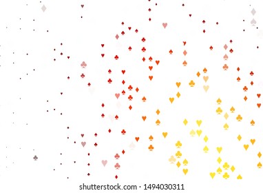 Light Red, Yellow vector texture with playing cards. Illustration with set of hearts, spades, clubs, diamonds. Design for ad, poster, banner of gambling websites.