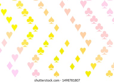 Light Red, Yellow vector texture with playing cards. Blurred decorative design of hearts, spades, clubs, diamonds. Template for business cards of casinos.