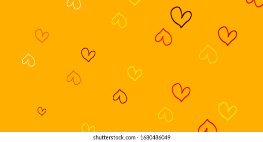 Textura vectorial amarilla de color rojo claro con corazones encantadores. Diseño decorativo borroso en estilo doodle con corazones. Patrón de regalos de matrimonio, felicitaciones.
