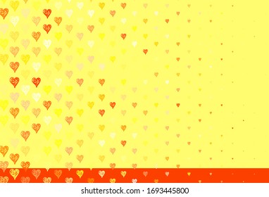 Light Red, Yellow vector texture with lovely hearts. Illustration with shapes of gradient hearts on blur backdrop. Design for celebrating of Valentine Day.