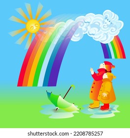 light refraction rainbow formation red orange yellow green blue blue purple children umbrella puddles reflection boots raincoat rain weather sun warms the seasons characters for animation
