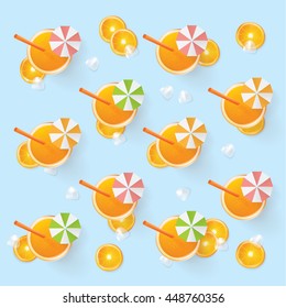 Light refreshing pattern vector illustration with orange juice and fruit slices decorated with fun colorful drink umbrellas and ice cubes in top view perspective