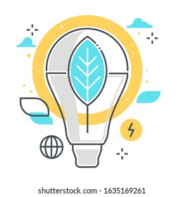 Light related color line vector icon, illustration. The icon is about lamp, bulb, leaf, Energy efficiency, environment, led. The composition is infinitely scalable.