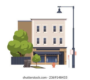 Light residential building with a cafe on the ground floor on isolated background. Vector flat illustration