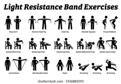 Light resistance band exercises and stretch workout techniques in step by step. Vector illustrations of stretching exercises poses, postures, and methods with resistance band. 