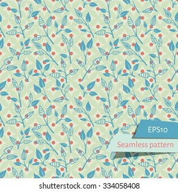 Light Retro Leaves On Branches Seamless Pattern With Small Pink Circles