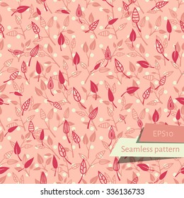 Light Retro Leaves On Branches Seamless Pattern. Two layers of leaves.