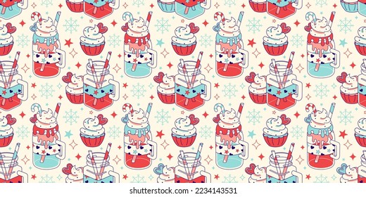 Light Retro wallpaper with candy and warm drink, cupcakes and cozy graphic. Cute bottles of mulled wine, cacao or glintwine with candy cane. Fun Happy New year wrapping, fabric, background.