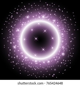 Light ring with stardust, bright sparkling ring on black background, light effect, purple color