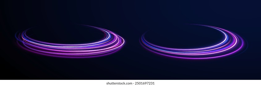 light road in the form of a swirl, neon color. Trendy geometric neon collage for speed movement. Abstract technology light lines background 3d.