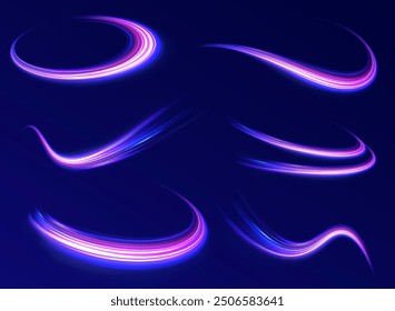 light road in the form of a swirl, neon color. Trendy geometric neon collage for speed movement. Abstract technology light lines background 3d.
