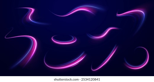 light road in the form of a swirl, neon color. Trendy geometric neon collage for speed movement. Abstract technology light lines background 3d.