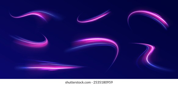 light road in the form of a swirl, neon color. Trendy geometric neon collage for speed movement. Abstract technology light lines background 3d.