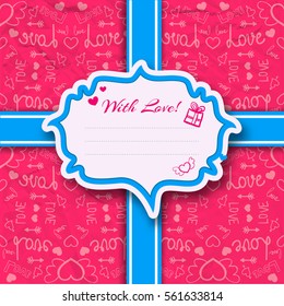 Light romantic background with white sticker blue ribbon on pink crumpled paper icons seamless pattern vector illustration