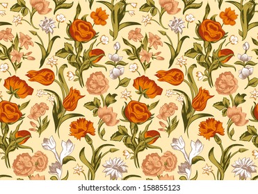 Light romantic seamless vector vintage floral pattern. Red, orange and white flowers roses, carnations, tulips on a beige background.
