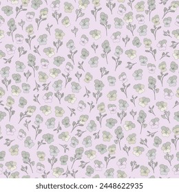 Light, romantic, soft, pansies and leaves in black outline on pink background vector artwork seamless pattern