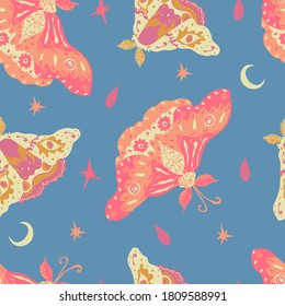 Light and romantic vector seamless pattern with summer moths, stars, moons and drops on blue background