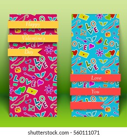 Light romantic vertical banners with cartoon colorful elements ribbons on blue and red background isolated vector illustration