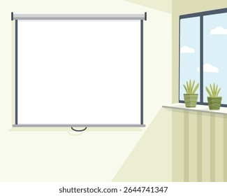 Quarto leve com quadro branco interativo e janela. Contexto para o conceito de Educação. Cartaz, banner, modelo. Ilustração vetorial em estilo de desenho animado plano