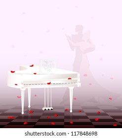 in light room are white grand piano and flying red petals