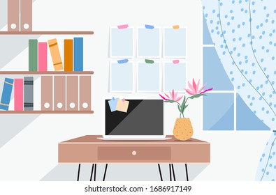 Light room workspace illustration. Laptop on the table, big window, bookshelf and memory stickers on the wall. Isolation and working from home. Quarantine concept. Modern hand drawn vector interior.