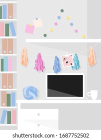 Light room workspace. Laptop on the table, tassels and garland on the wall, book shelf. Trendy white room interior illustration. Working from home. Working desk. Modern design for banner, card design.
