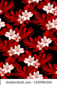 Light rose and red flower pattern on black