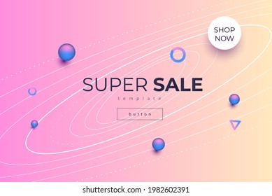 Light rose and yellow gradient background with wavy thin lines and volumetric multicolored bright balls and other geometric shapes and lettering super sale 