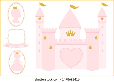 Light rosy pink and gold Princess castle illustration for decoration Invitation card. Happy Birthday backdrop banner. Party celebration. Printable baby shower photo frame. Girl silhouette. Text place