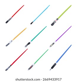 luz sabre definir desenho animado. força de sith, punho de lâmina, cristal plasma luz sabre sinal. isolado símbolo ilustração vetor