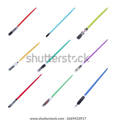 light saber set cartoon. sith force, blade hilt, crystal plasma light saber sign. isolated symbol vector illustration