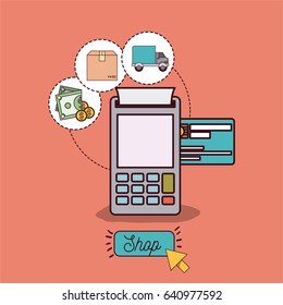 light salmon color background with payment terminal and credit card and steps of buy and delivery vector illustration