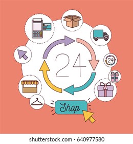 light salmon color background with set of shop icons 24 hours vector illustration