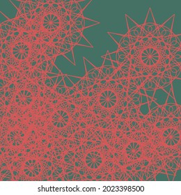 Light Satanic Sharp Mandala Green Winter Lace Background. Bright Luxury Red Folk Print Ornamental Christmas Complicated Pattern. Monochrome Santa Colorful Dark Mystery Chaotic Stars Wallpaper.