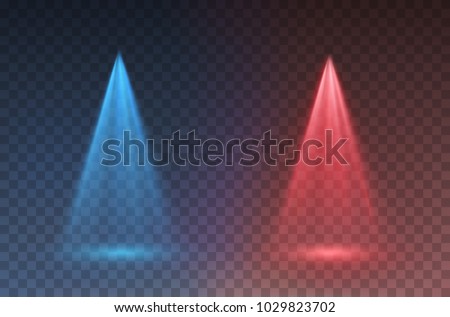 Light scanner or laser effect. Glow stage vs light rays isolated on transparent background. Vector red versus blue scene spotlights. Shine projector beam template for your battle, game creative design