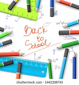 Light school poster with sketch inscription hand drawn elements colorful pencils rulers on white background vector illustration