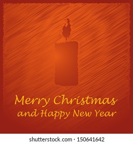 light scribbled merry christmas orange candle with text on the dark orange background and happy new year