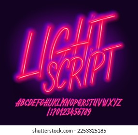 Schriftzeichen-Schrift leicht. Leuchtende Neonbuchstaben und -ziffern. Stock-Vektorgrafik für Ihr Design.