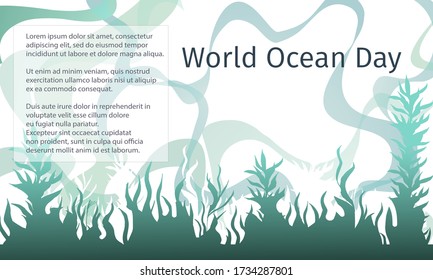 Light sea banner with green algae for text. Stylized illustration of water for World Ocean Day for poster, presentation and advertising.
