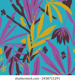 Light Seamless Abstract Beach Ornament Texture. Purple Continuous Contemporary Tropic Leaves, Seamless Wallpaper. Green Repeated Color Organic Lines Vector. 