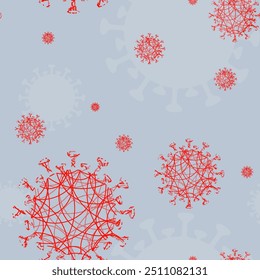 Light seamless background with red abstract silhouettes of coronavirus elements.