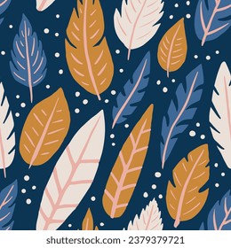 Light Seamless Beautiful Plumage Style Background. Purple Endless Modern Quill Surface, Seamless Print. Orange Repeated Vintage Feathers Textile Backdrop. Quill