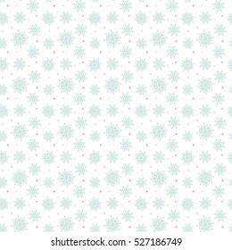 Light seamless blue pattern of many snowflakes on white background. Soft Christmas winter theme for gift wrapping. New Year seamless background for website