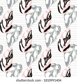 Light seamless botanic pattern with exotic monstera leaves. Tropical floral figures in pastel pink, black and blue tones on stripped background. For wallpaper, textile, wrapping, fabric.