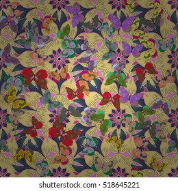 Light seamless butterfly background on yellow. Vector. Colorful.